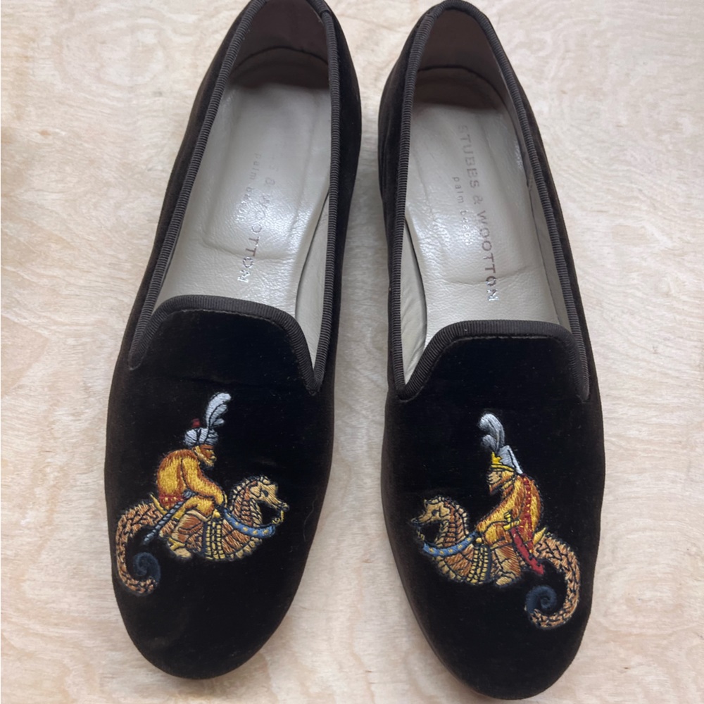Stubbs and Wootton brown velvet shoes, monkey on a seahorse, sz 8, w/ box & bag
